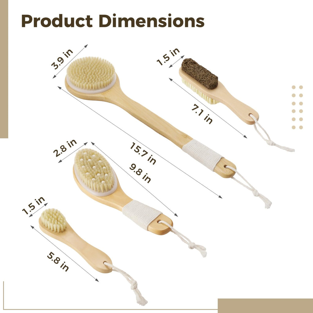 4-Piece Dry Body Brush Set with Boar Bristles