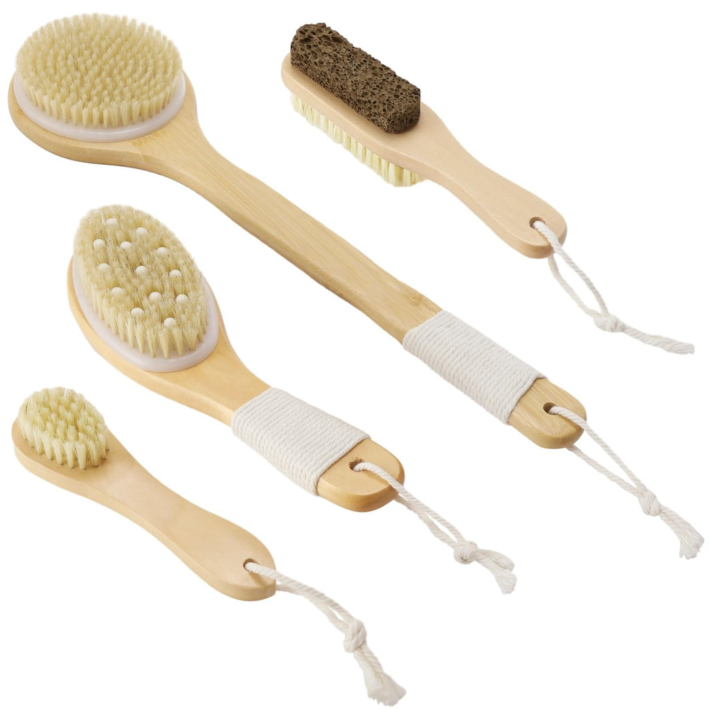 4-Piece Dry Body Brush Set with Boar Bristles