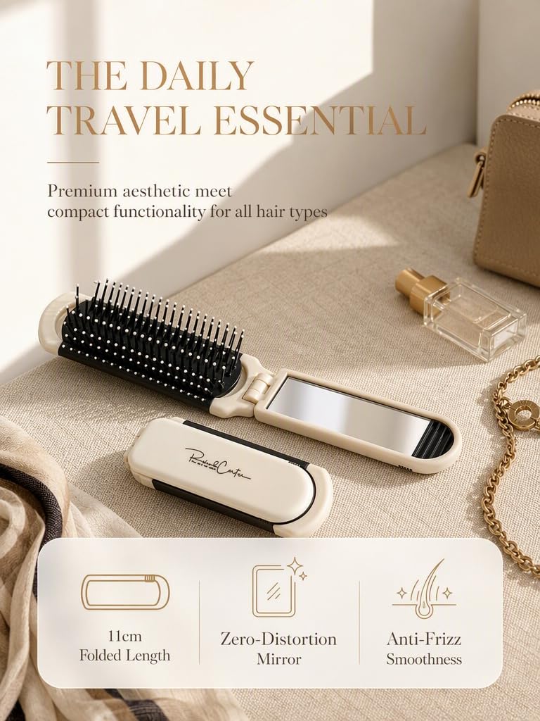 Folding Hair Brush with Mirror, Mini Travel Comb, Pocket Size Hairbrush