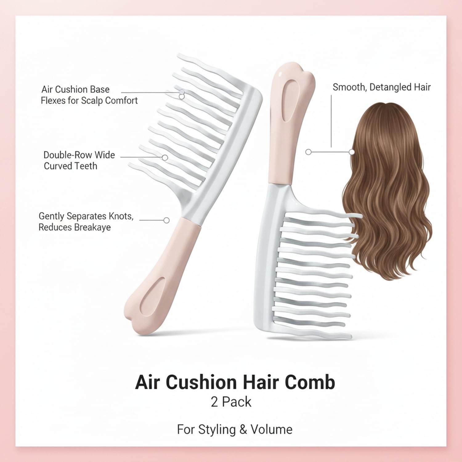 Double-Row Wide Tooth Air Cushion Detangling Hair Comb, 2 Pack