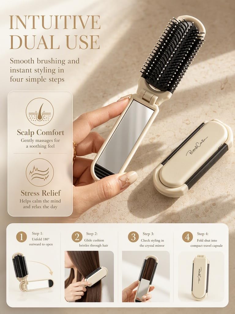 Folding Hair Brush with Mirror, Mini Travel Comb, Pocket Size Hairbrush