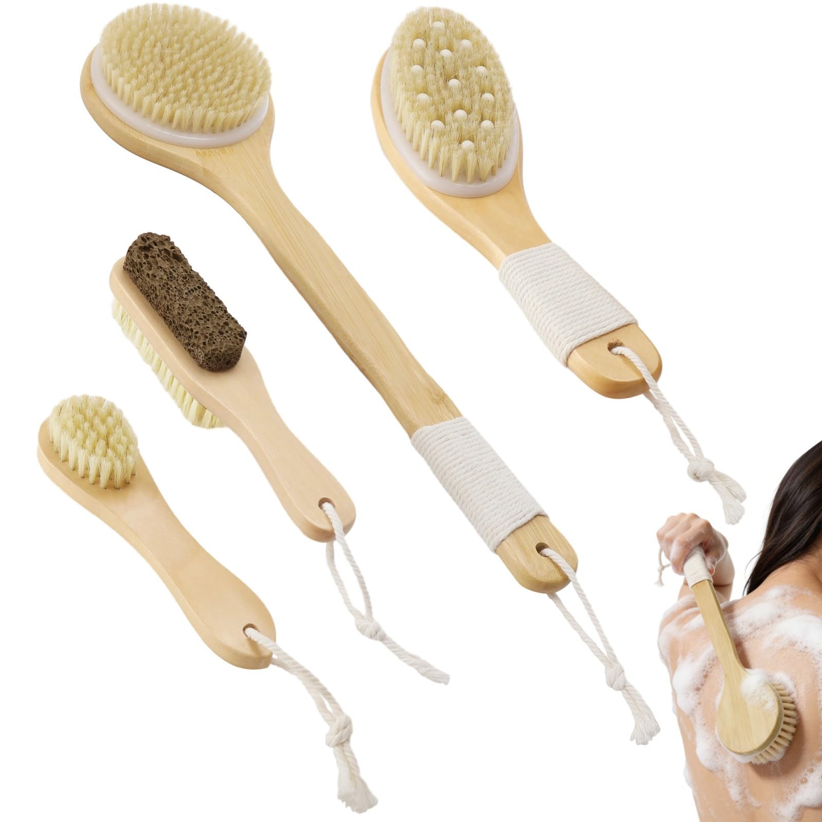 4-Piece Dry Body Brush Set with Boar Bristles