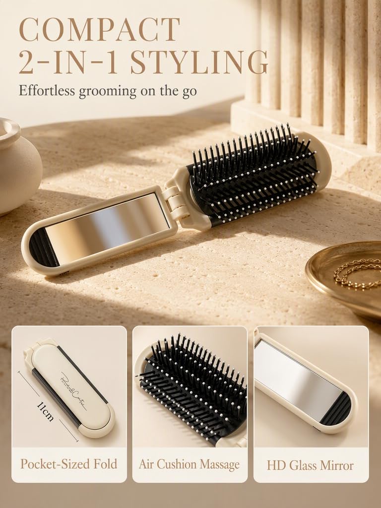 Folding Hair Brush with Mirror, Mini Travel Comb, Pocket Size Hairbrush