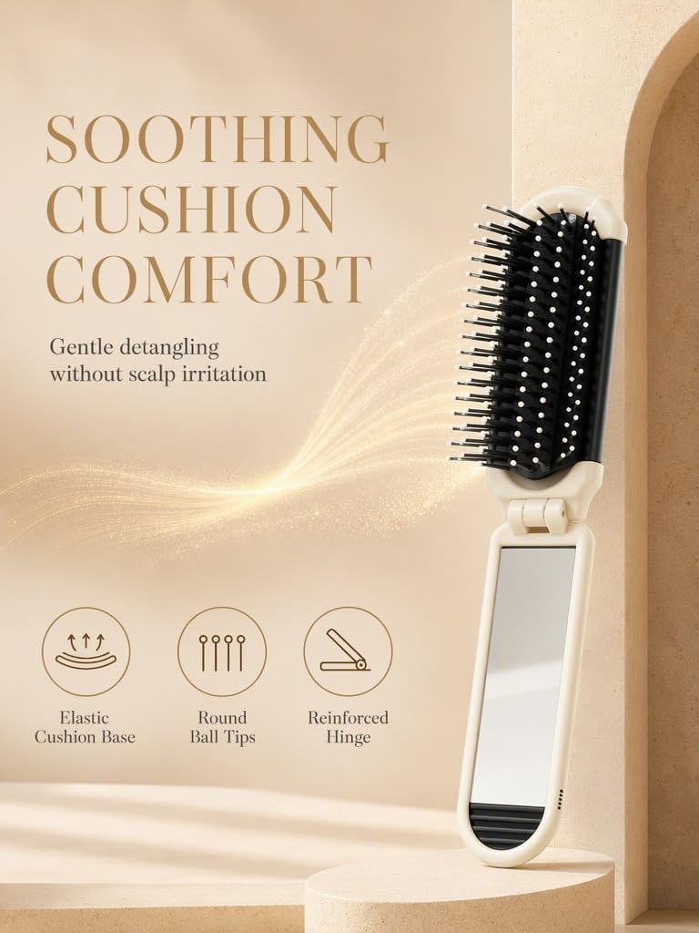 Folding Hair Brush with Mirror, Mini Travel Comb, Pocket Size Hairbrush