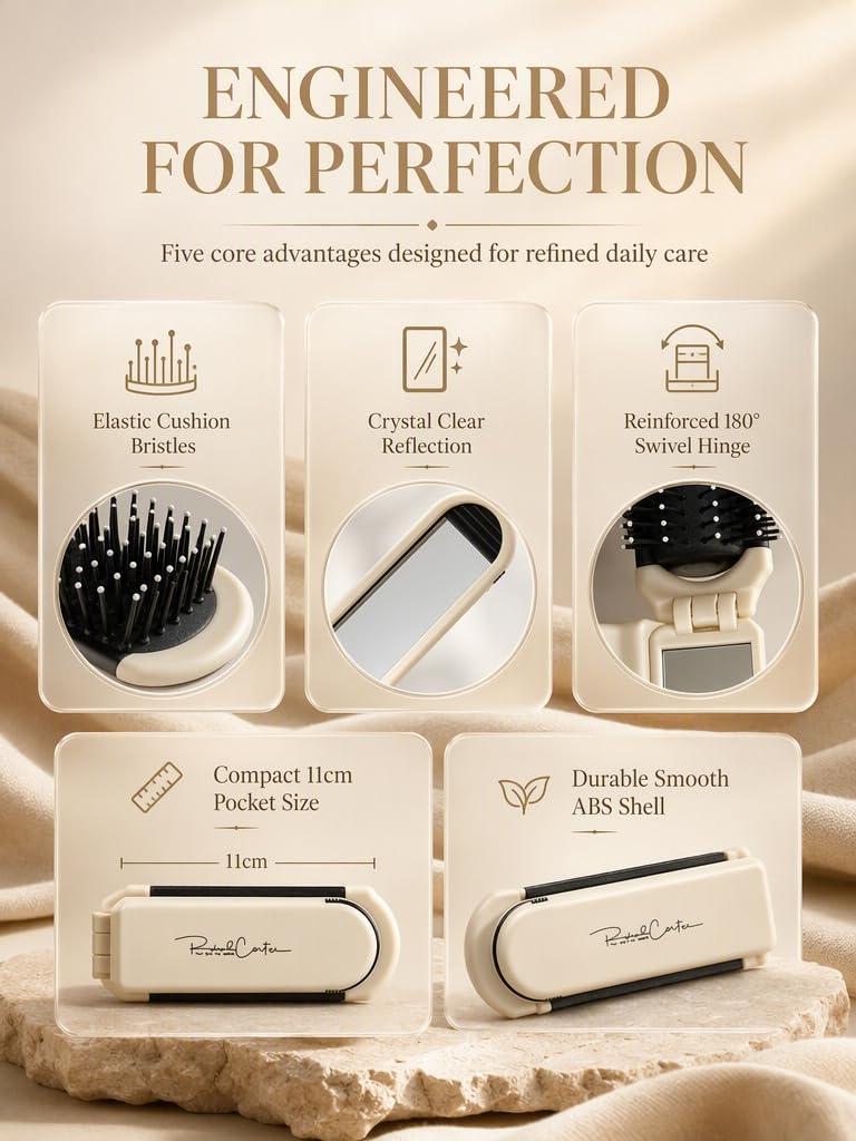 Folding Hair Brush with Mirror, Mini Travel Comb, Pocket Size Hairbrush