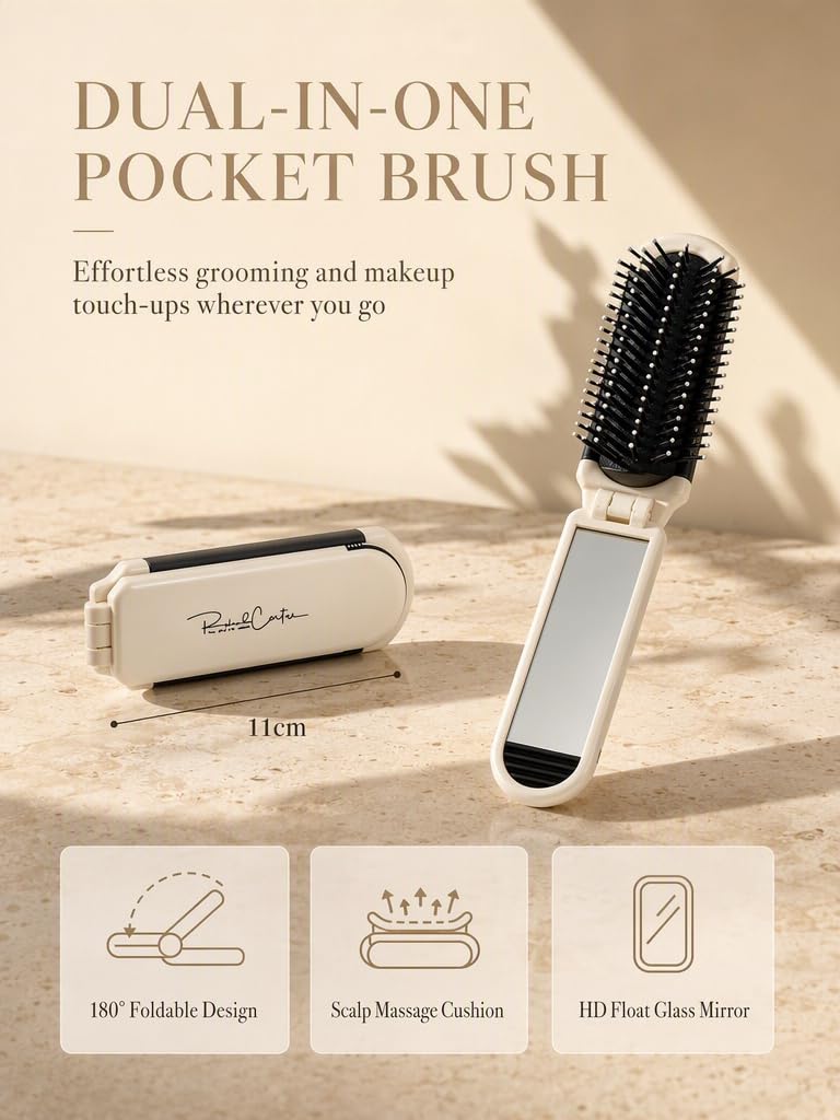 Folding Hair Brush with Mirror, Mini Travel Comb, Pocket Size Hairbrush