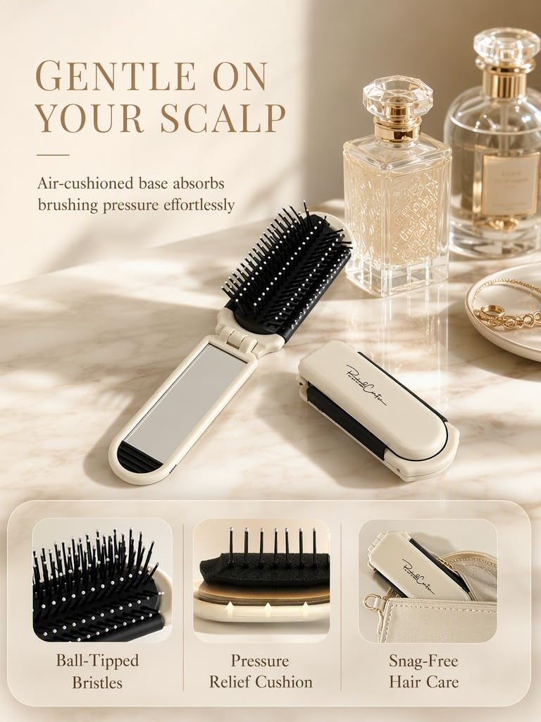 Folding Hair Brush with Mirror, Mini Travel Comb, Pocket Size Hairbrush