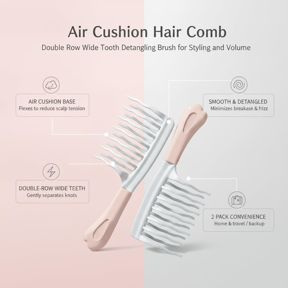 Double-Row Wide Tooth Air Cushion Detangling Hair Comb, 2 Pack