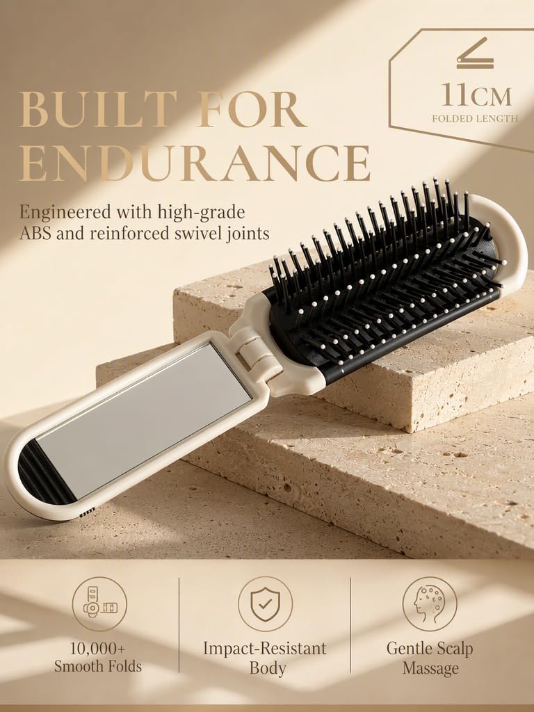 Folding Hair Brush with Mirror, Mini Travel Comb, Pocket Size Hairbrush