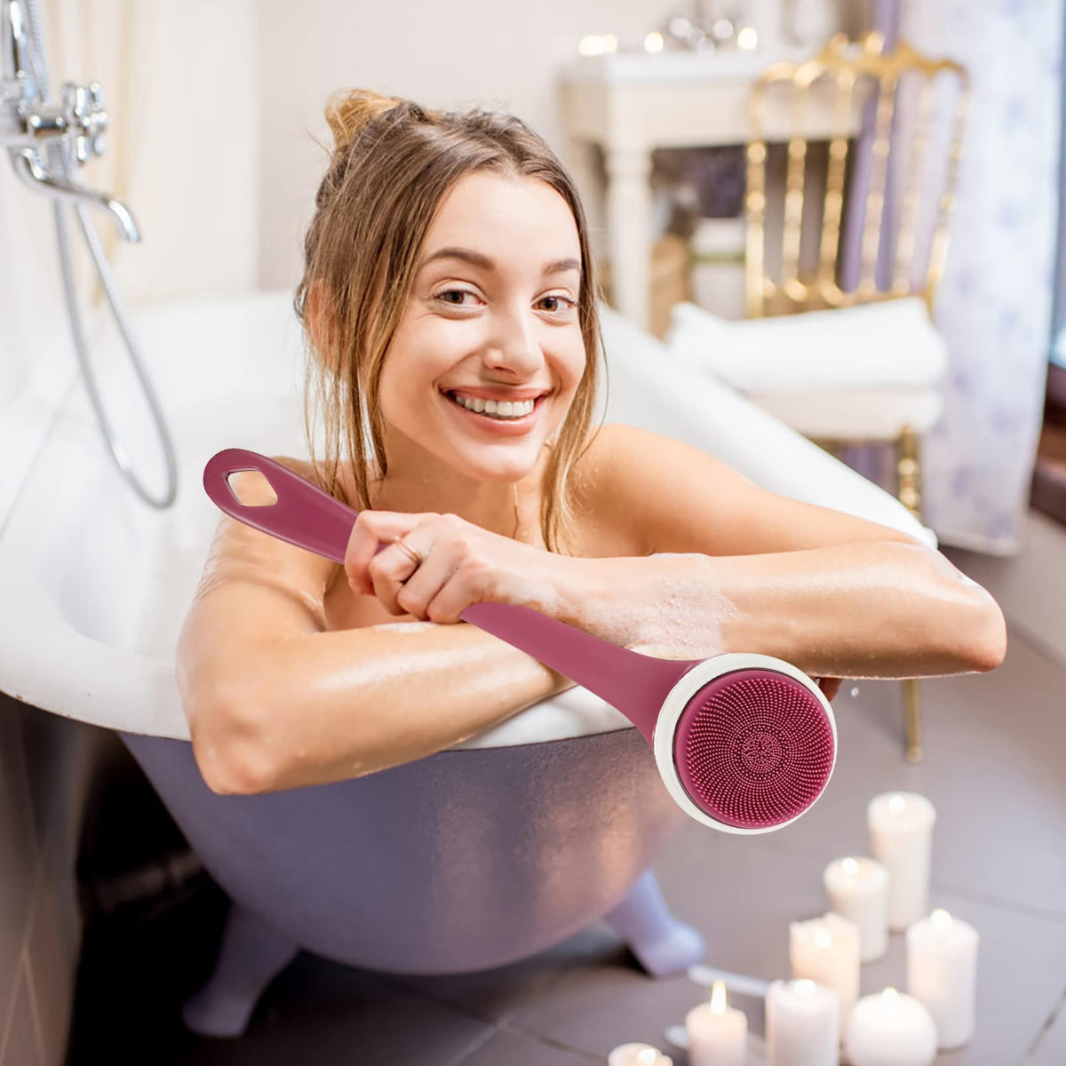 Electric Body Brush with Long Handle, Rechargeable Exfoliating Shower Scrubber