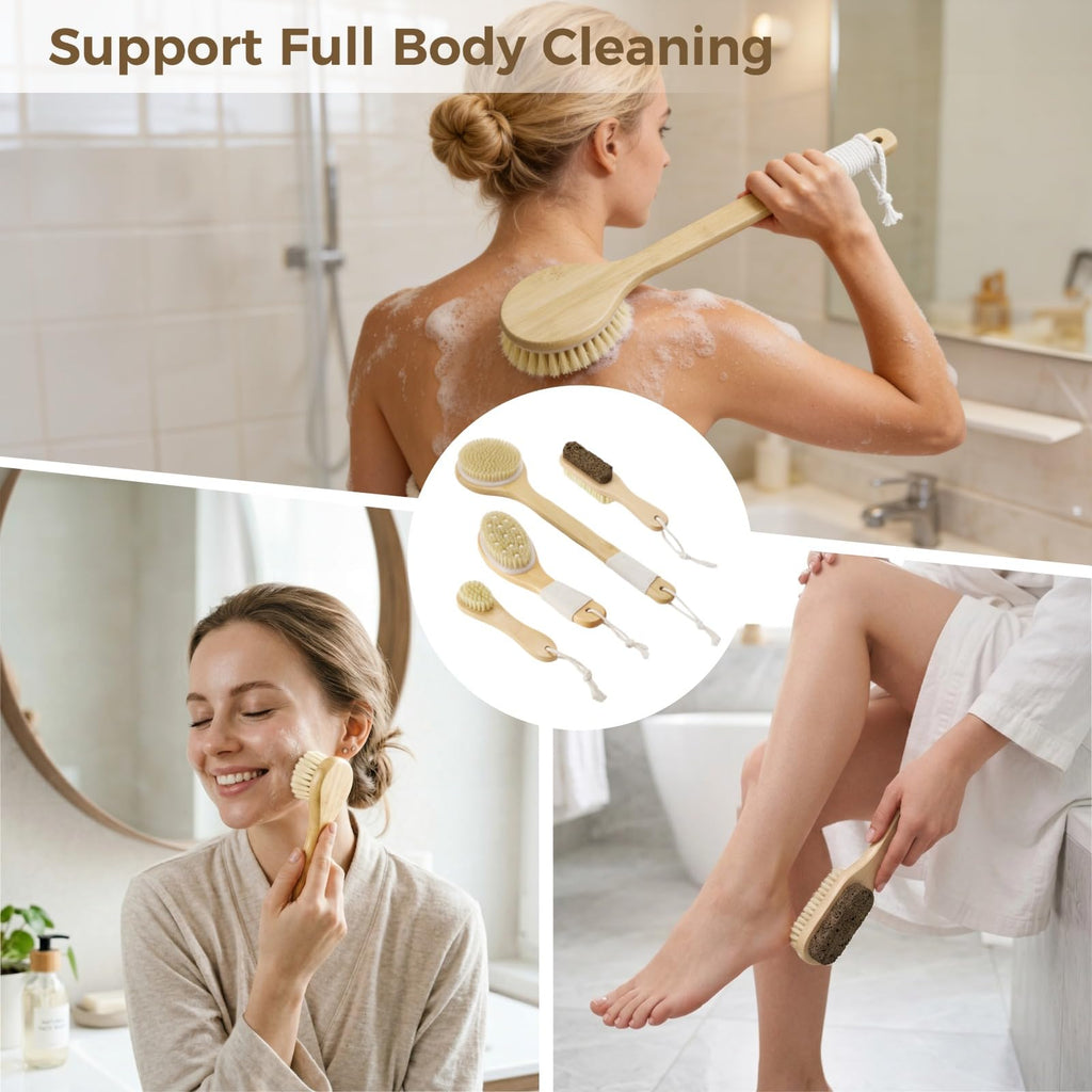 4-Piece Dry Body Brush Set with Boar Bristles