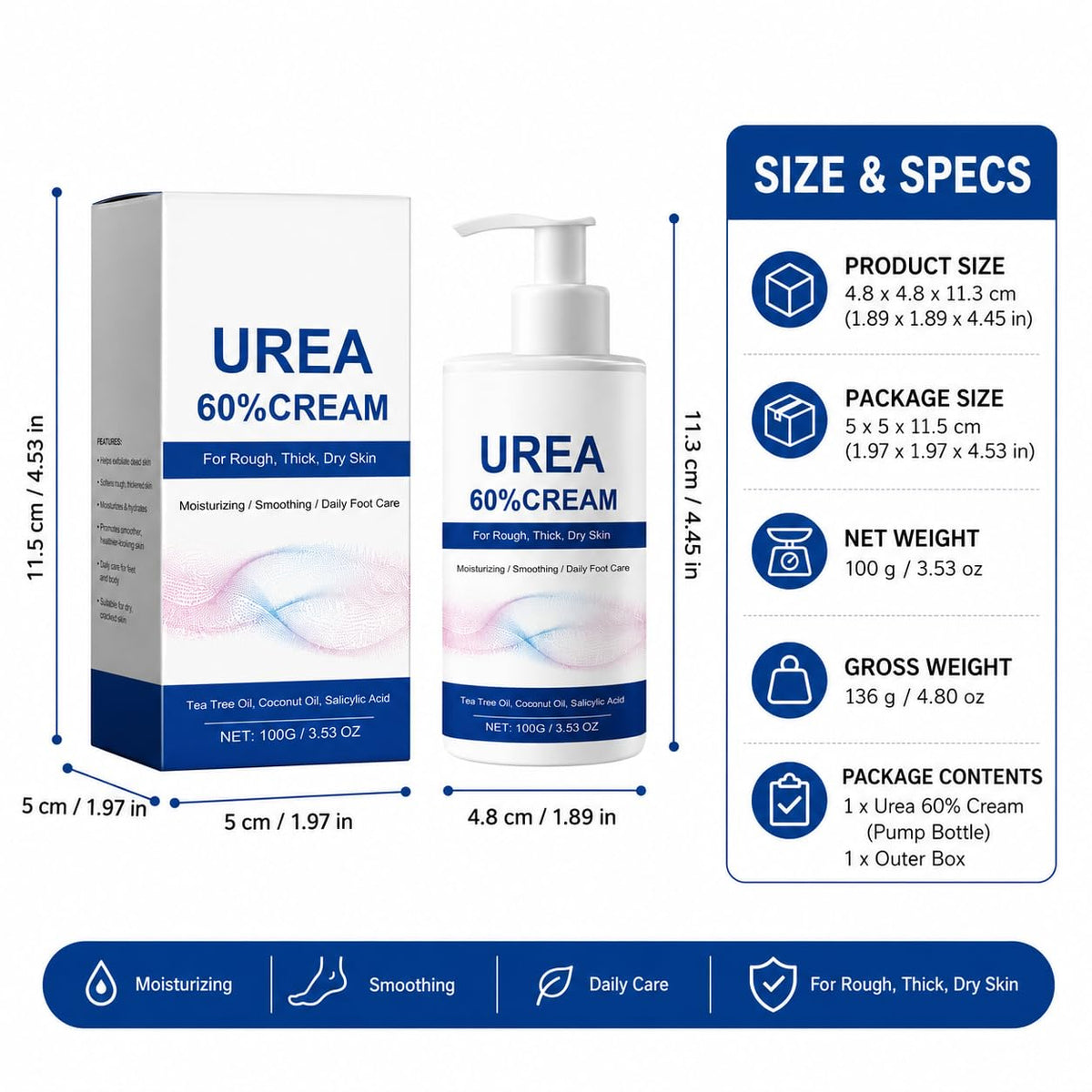 Urea 60% Foot Cream, 100g Moisturizing Foot Care Cream for Rough, Thick